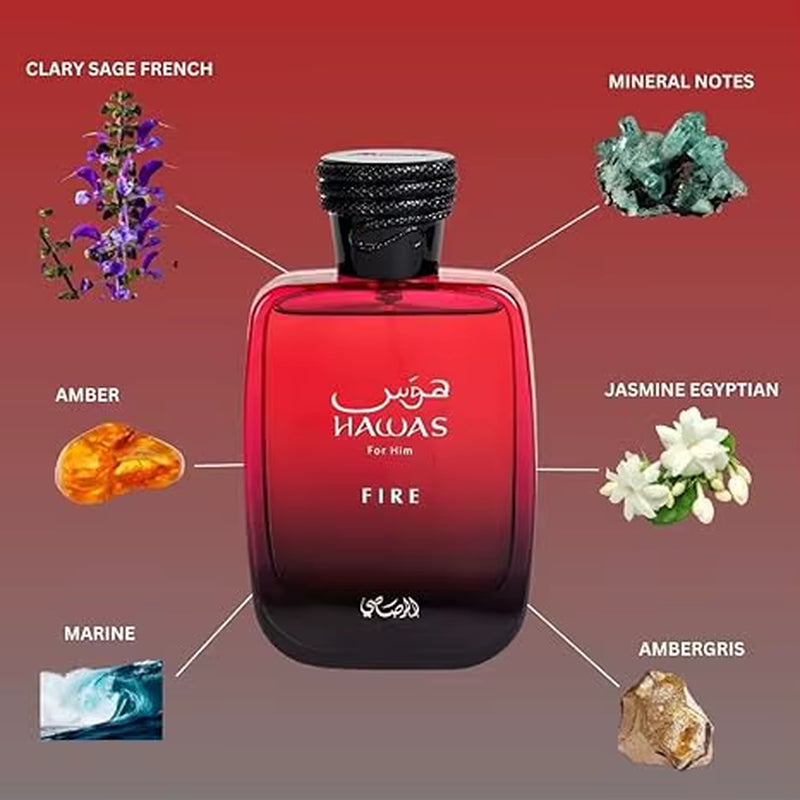Hawas Fire Eau De Parfum Spray 100ML(3.4 Oz) - Bold Long Lasting Arabian Perfume for Men with a Fiery Essence